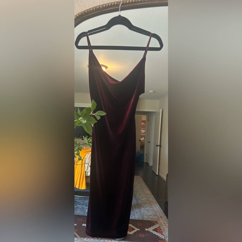 Classic burgundy velvet texture dress. Cocktail length
